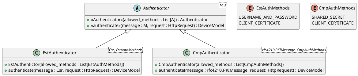 Authenticator <|-- EstAuthenticator
Authenticator <|-- CmpAuthenticator

abstract Authenticator<M, A> {
   +<<Authenticator>>(allowed_methods : List[A]) : Authenticator
   +<<authenticate>>(message : M, request : HttpRequest) : DeviceModel
}

class EstAuthenticator<Csr, EstAuthMethods> {
   +EstAuthentictor(allowed_methods : List[EstAuthMethods])
   +authenticate(message : Csr, request : HttpRequest) : DeviceModel
}

enum EstAuthMethods {
   USERNAME_AND_PASSWORD
   CLIENT_CERTIFICATE
}

class CmpAuthenticator<rfc4210.PKIMessage, CmpAuthMethods> {
   +CmpAuthenticator(allowed_methods : List[CmpAuthMethods])
   +authenticate(message : rfc4210.PKIMessage, request: HttpRequest) : DeviceModel
}

Enum CmpAuthMethods {
   SHARED_SECRET
   CLIENT_CERTIFICATE
}