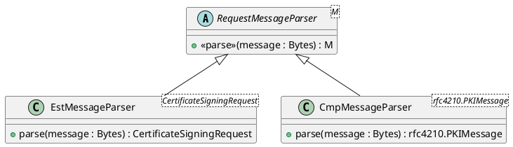 RequestMessageParser <|-- EstMessageParser
RequestMessageParser <|-- CmpMessageParser

abstract RequestMessageParser<M> {
   +<<parse>>(message : Bytes) : M
}

class EstMessageParser<CertificateSigningRequest> {
   +parse(message : Bytes) : CertificateSigningRequest
}

class CmpMessageParser<rfc4210.PKIMessage> {
   +parse(message : Bytes) : rfc4210.PKIMessage
}